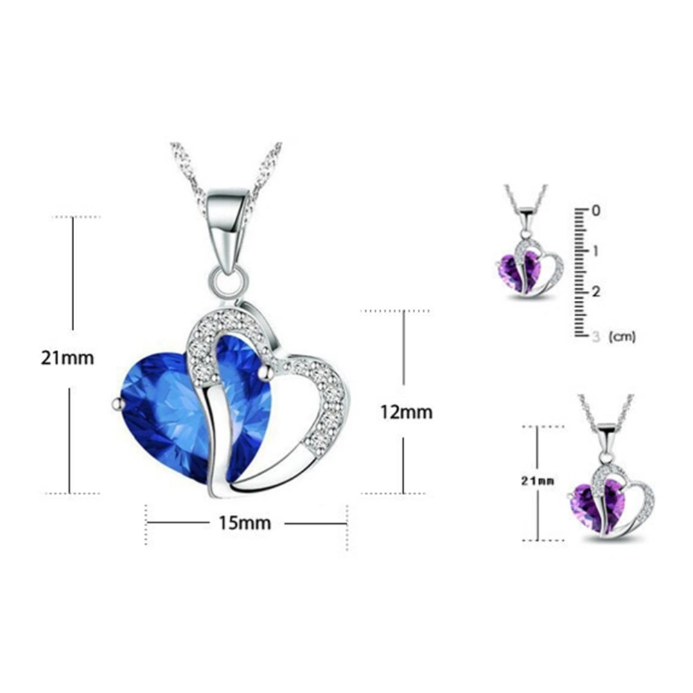 Silver Peach Heart Zircon Crystal Necklace Clavicular Chain Clavicle Chain Sweater Chain(Silver Dark Blue)