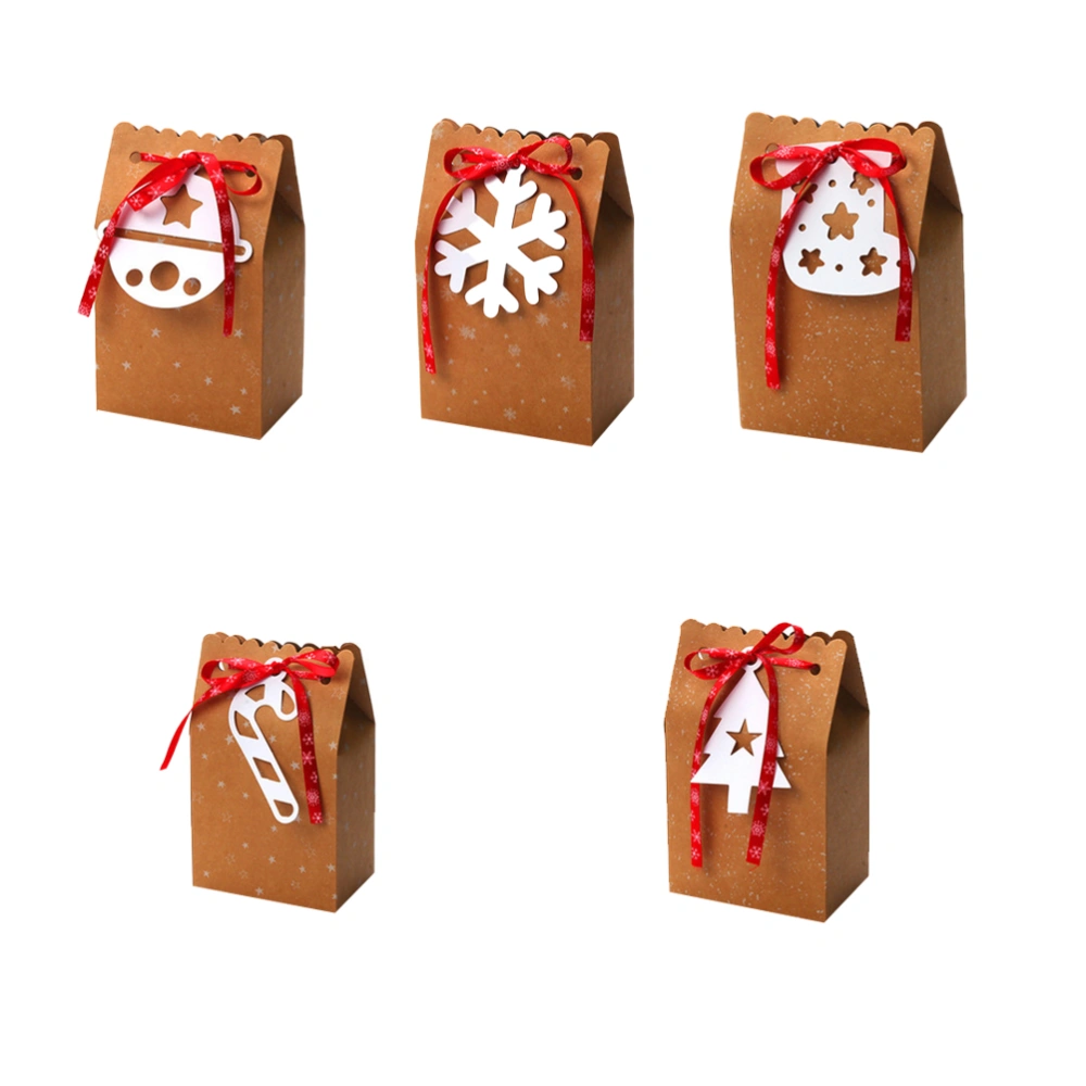 5PCS Kraft Paper Candy Gift Box Christmas DIY Cookie Box Christmas Gift Treat Case with White Tag and Ribbon (Random Pattern Ribbon)