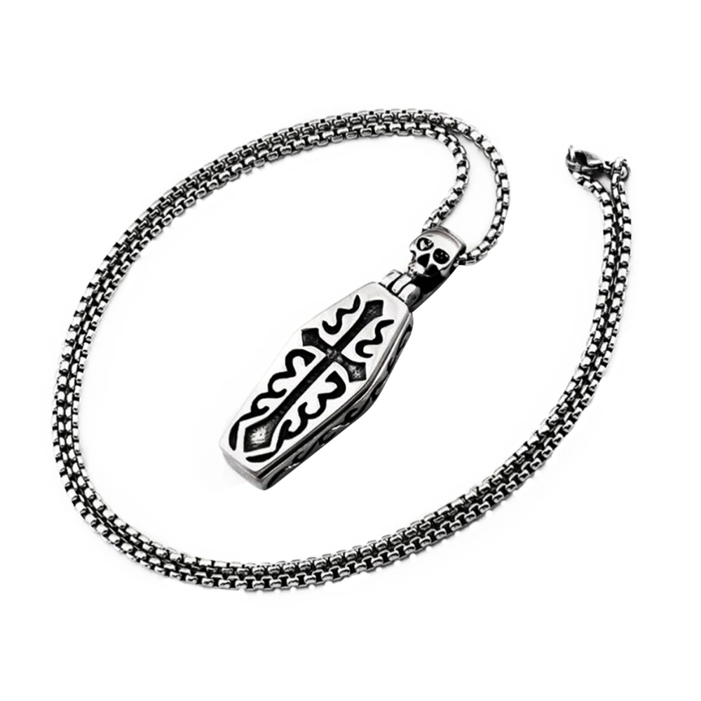 2 Pcs Titanium Steel Silver Coffin Pendant and Necklace Fashion Retro Gothic Necklace for Men Boy