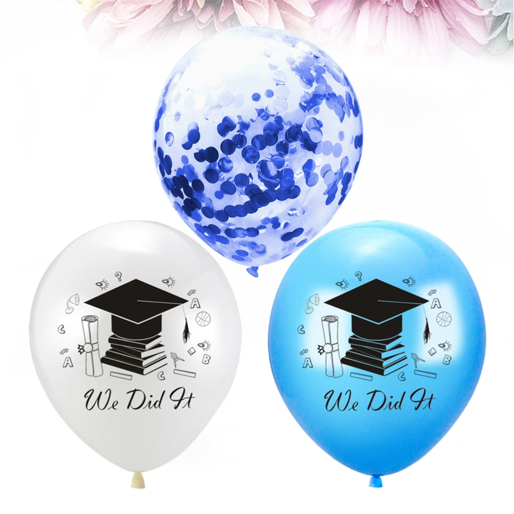 15 Pcs Balloons Set Graduation Season Letters and Doctor Hat Printing Balloons Decorative Sequin Balloons Kit for Wedding Baby Birthday Graduation (Blue/White/Yellow)