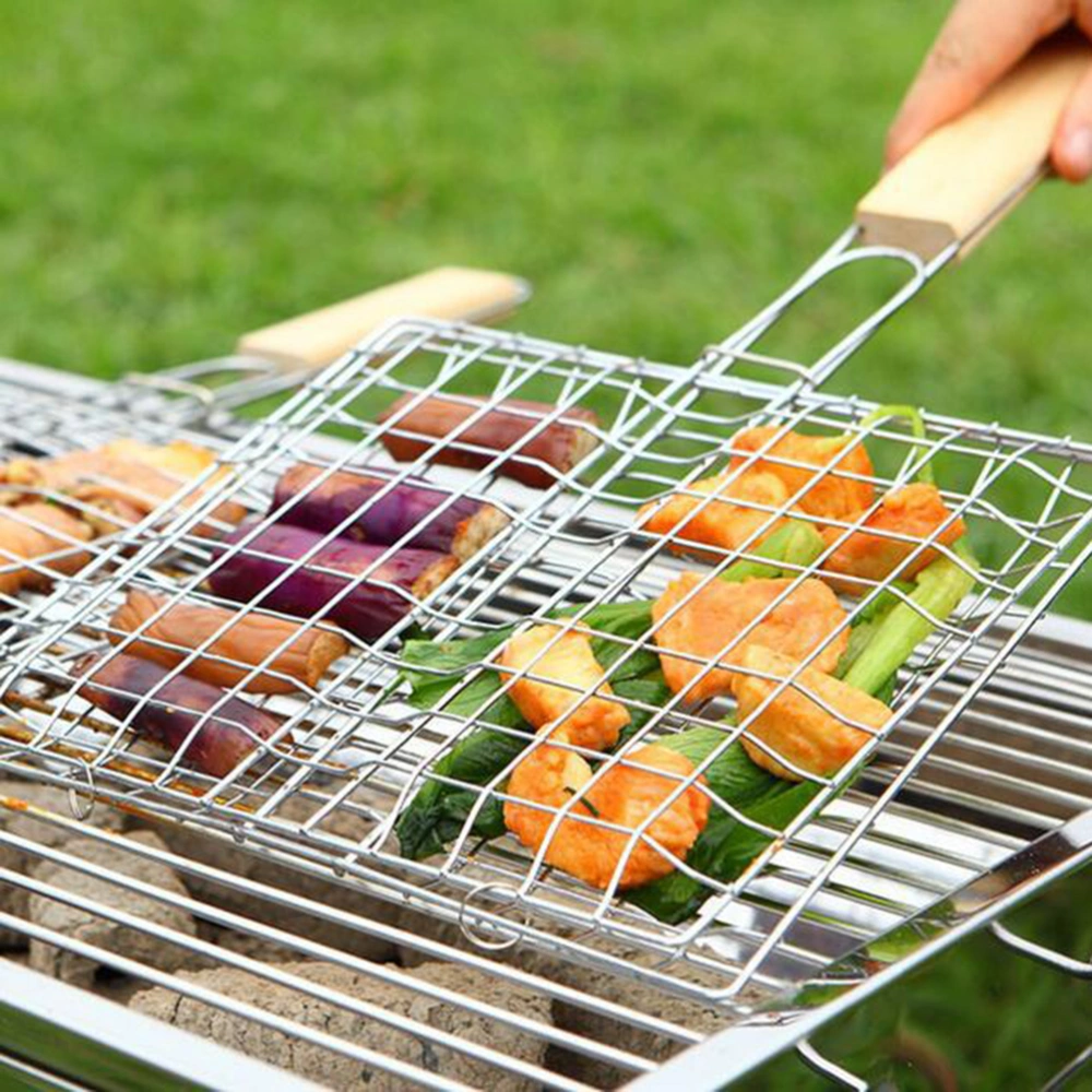 2PCS Stainless Steel Barbecue Net Practical Square Foldable Barbecue Grill with Wooden Handle for Picnic Outdoor BBQ