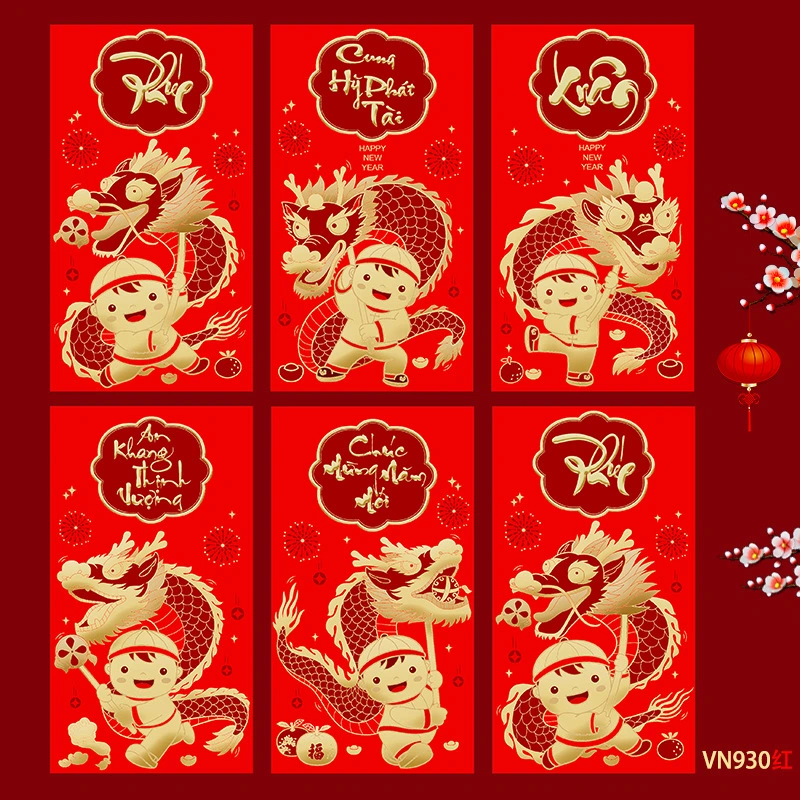 6Pcs Zodiac Year of Dragon Envelopes Portable Red Packets Delicate Year Money Pouches