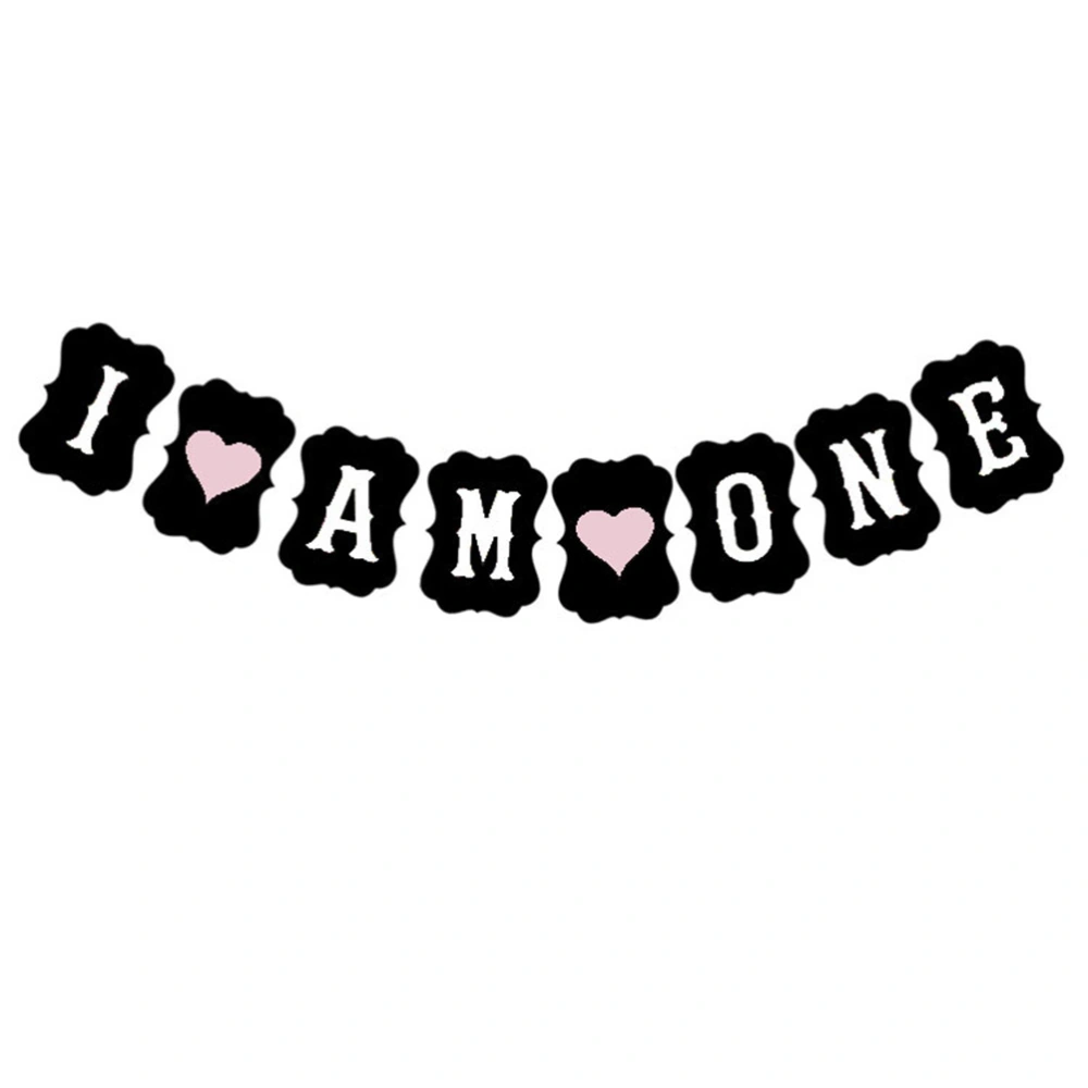 I AM ONE Birthday Banner 3M Love Heart Kraft Happy 1st Birthday Banner for Party Decoration (Black with Pink Heart)