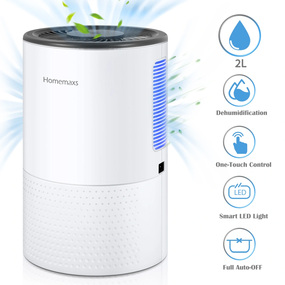 HOMEMAXS Home Dehumidifier 2000ml Dehumidifier Remove Humidity 750ml/day Household Dehumidifier Auto-off LED Indicator Portable Dehumidifier for Home Bedroom Bathroom (UK Plug)