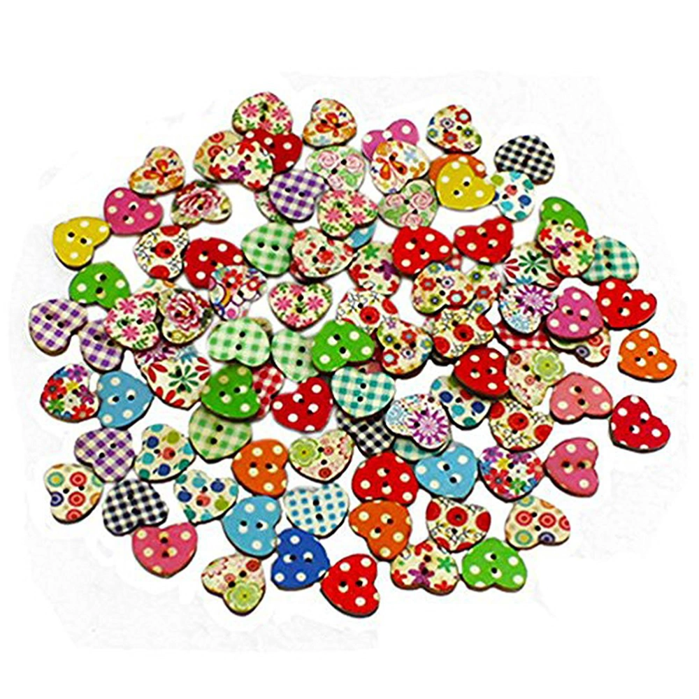 100pcs Multicolored Heart Shaped 2 Holes Wood Sewing Buttons