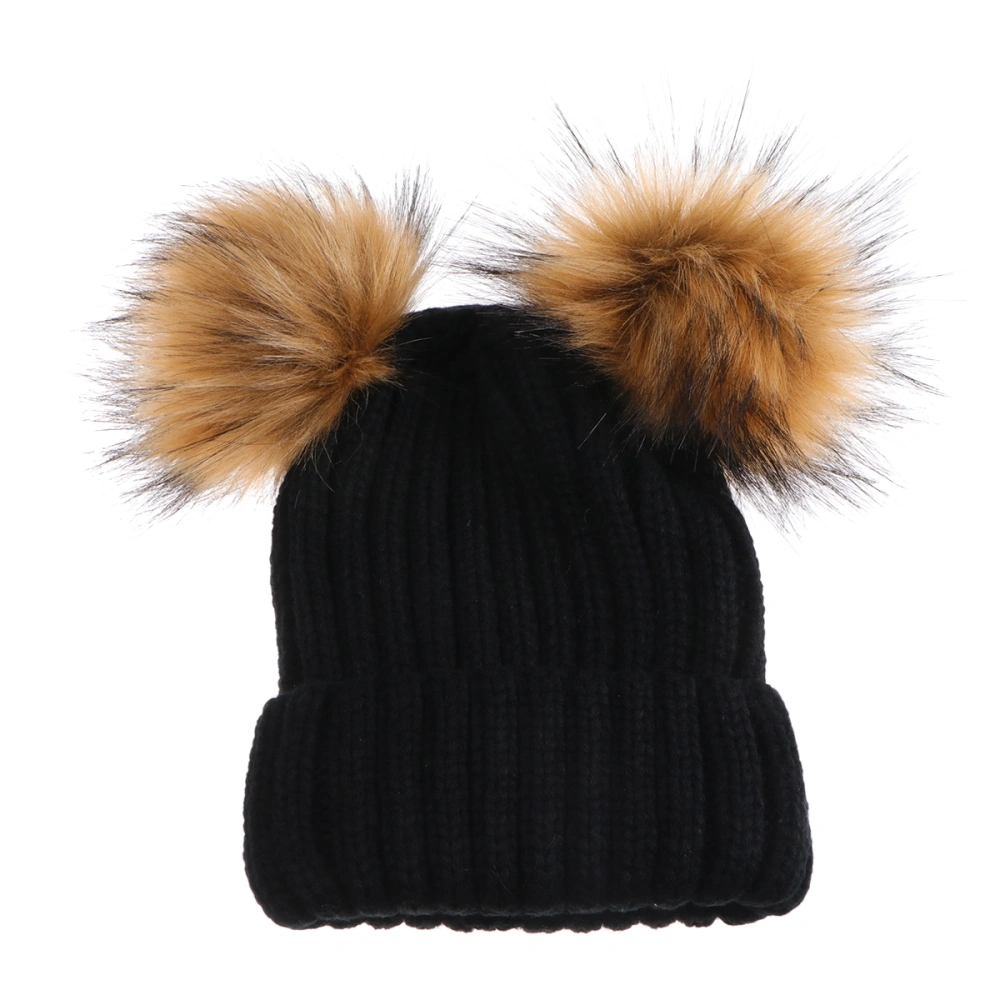 Winter Knit Beanie Hat with Double Pom Pom Ears for Women Girls (Black)