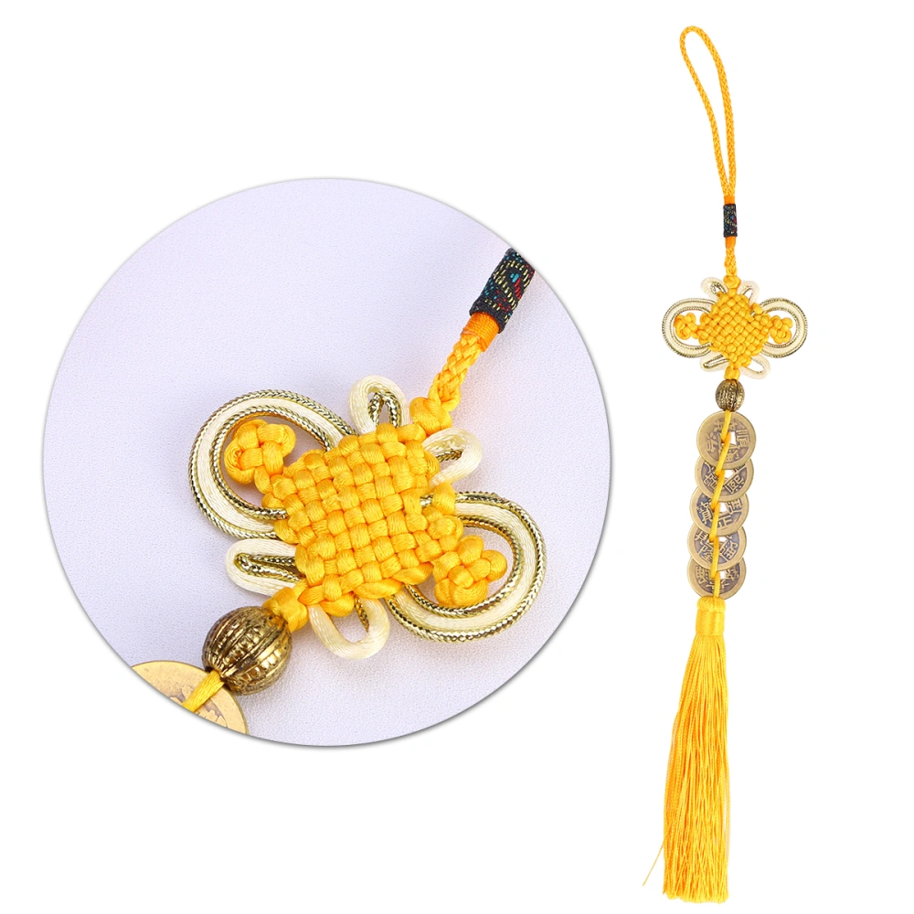 Car Chinese Knot Copper Coin Pendant Tassel Hanging Ornament Car Decoration Accessory (Gold Yellow)