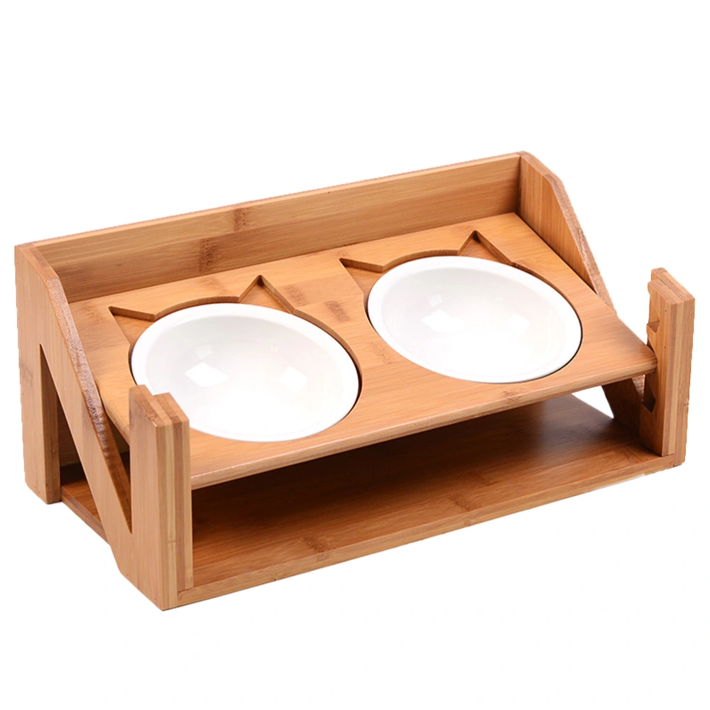 1 Set of Dual Food Feeding Bowl Pet Feeder Bamboo Bowl Rack Pet Bowl Holder