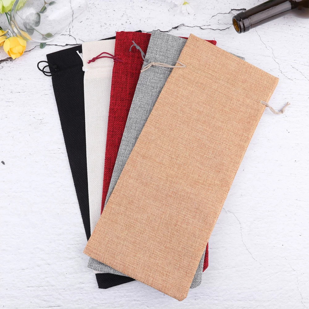 6pcs Black Wine Bottle Bags Linen Reusable Wine Totes Bottle Wrap Gift Pouches Drawstring Wine Bag