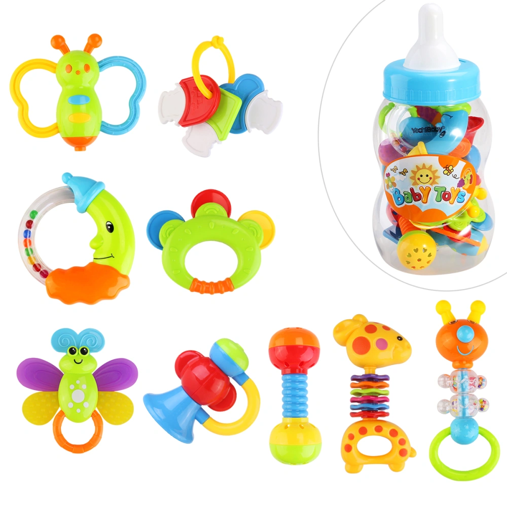 YEAHIBABY 9pcs Baby's First Rattle and Teether Toy with Giant Milk Bottle Grasp Colorful Toy (Random Color)