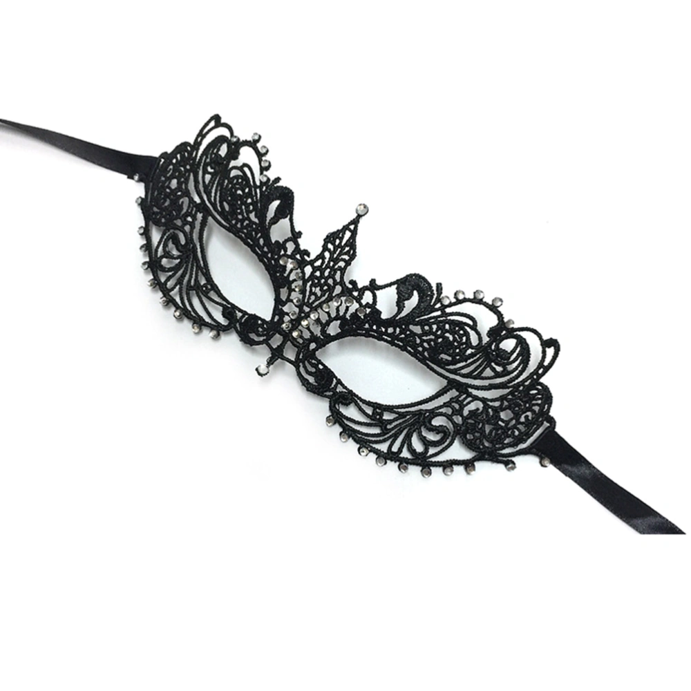 Women's Sexy Lace Venetian Eye Mask with Diamond Masquerade Mask for Cosplay Costume Party (Black)