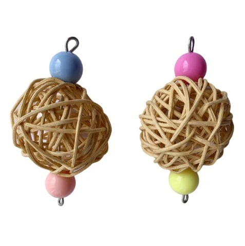 2pcs Bird Chew Toy Parrot Biting Plaything Birdcage Hanging Circle Chewing Rattan Ball Toy