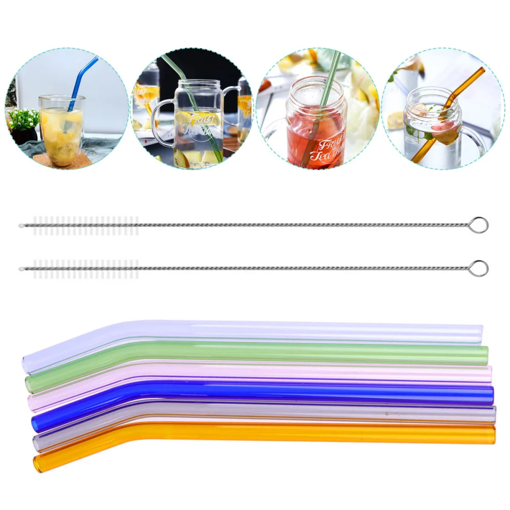 6pcs Glass Drinking Straw Heat-resisting Straw Colorful Water Straw Bent Straw Pipe with 2pcs Brushes (Blue, Green, Grey, Champagne, Purple, Pink)