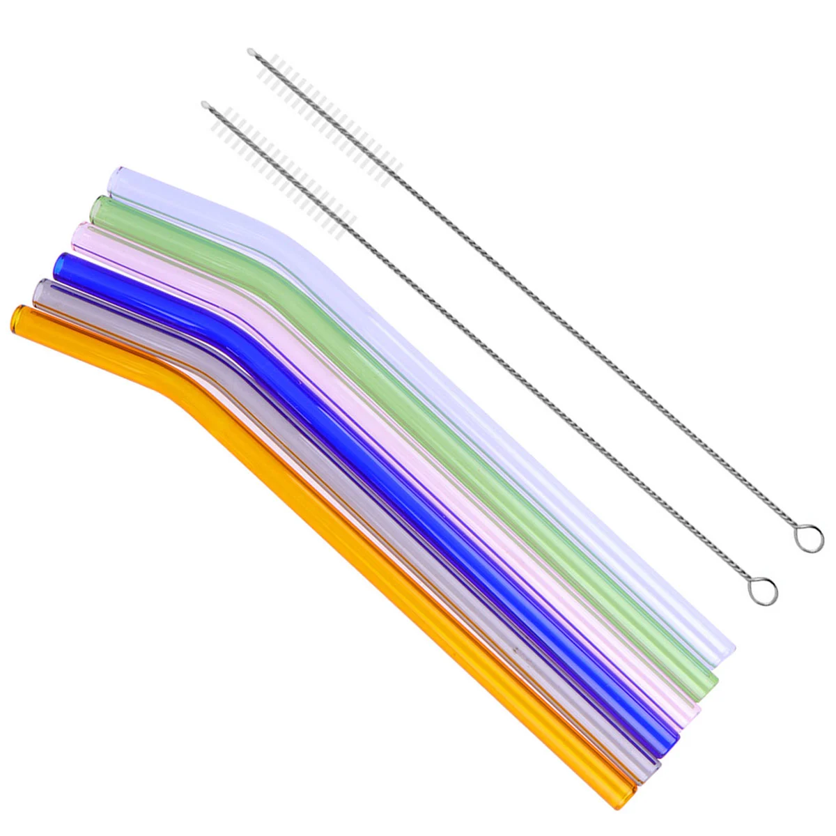 6pcs Glass Drinking Straw Heat-resisting Straw Colorful Water Straw Bent Straw Pipe with 2pcs Brushes (Blue, Green, Grey, Champagne, Purple, Pink)