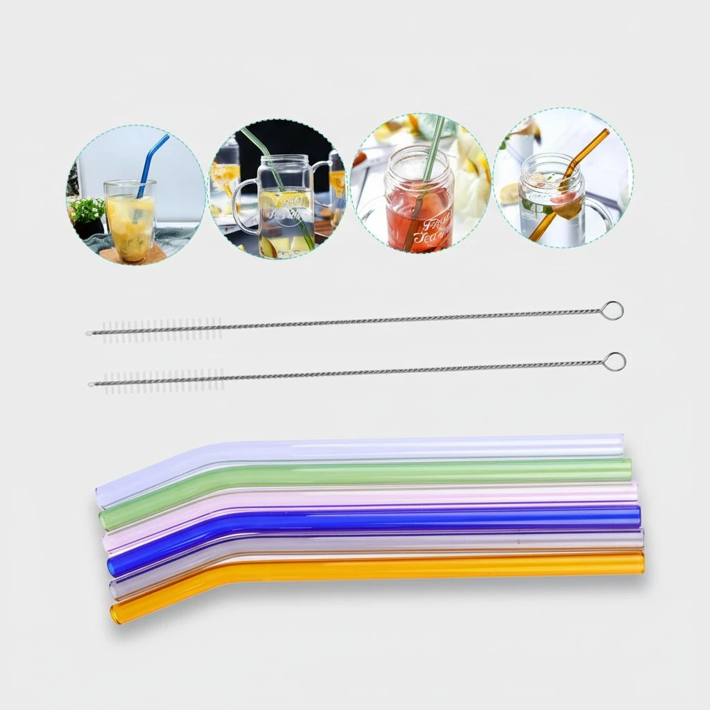 6pcs Glass Drinking Straw Heat-resisting Straw Colorful Water Straw Bent Straw Pipe with 2pcs Brushes (Blue, Green, Grey, Champagne, Purple, Pink)