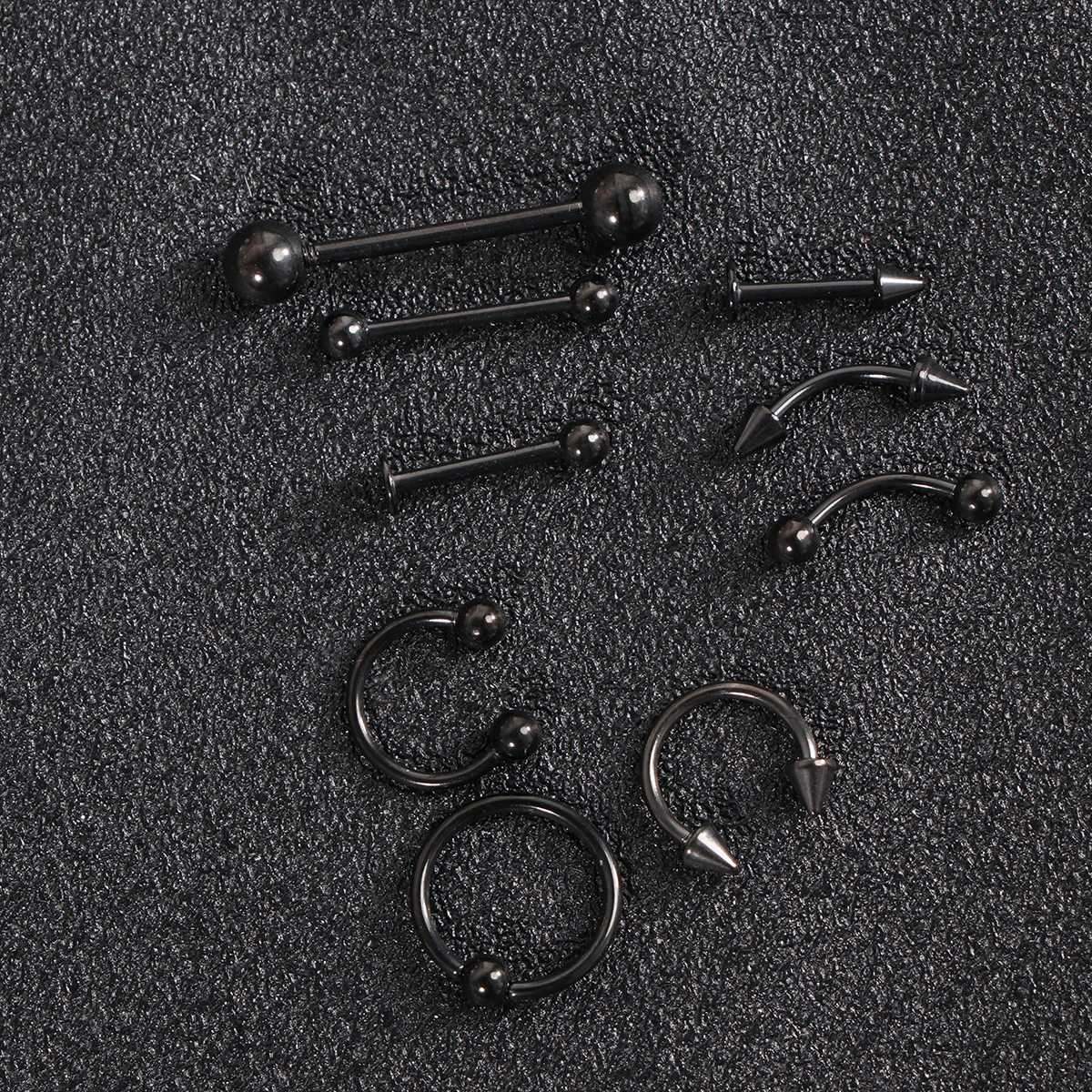 9pcs of One Set Delicate Curved Ring Labret Piercings Jewelry Metal Tongue Pin Simple Body Jewelry Set (Black)