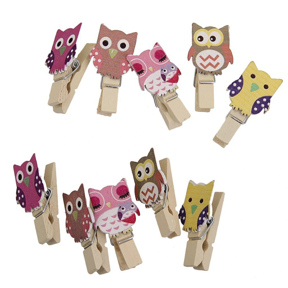 10Pcs Owl Shape Pattern Wood Clips Clothespins with Burlap Rope for Game Favors Craft