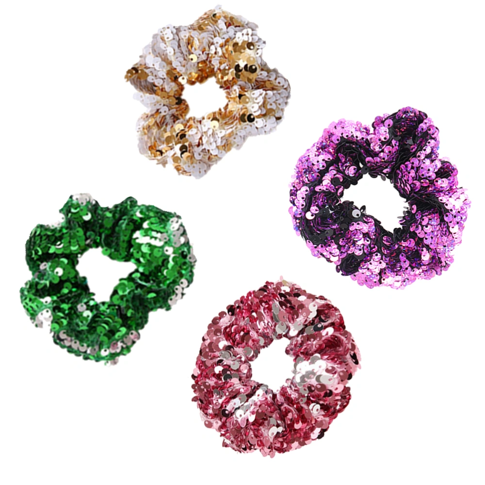 4pcs Sequins Hair Rings Fashion Hair Ties Shiny Hair Rope Hair Band Women Headdress (Green + Gold + Pink + Rose Red)