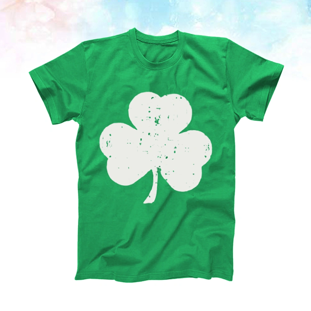 St. Patricks Day Cotton T Shirt Clover Printed Short Sleeve Costume Party Clothes - Size XL (Green)