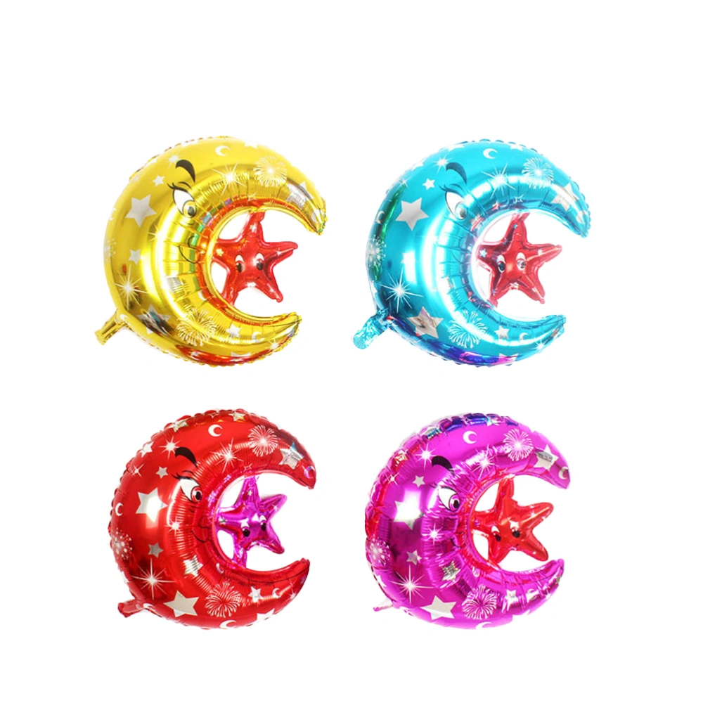 4PCS Eid Air Balloon Decor Eid Themed Moon Star Shape Balloons Decor Eid Party Moon Foil Balloons Eid Party Scene Layout Balloons Decor for Party Use (Rose Red+Red+Blue+Golden)