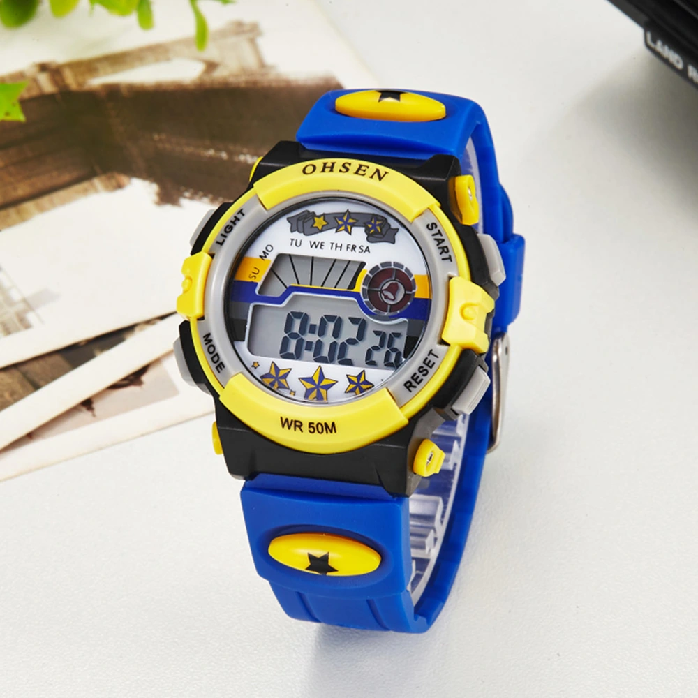 Ohsen Multi-function Waterproof Backlight Display Quartz Sports Unisex Children Watch with Stopwatch /Date /Alarm (1603 Yellow+Deep Blue)