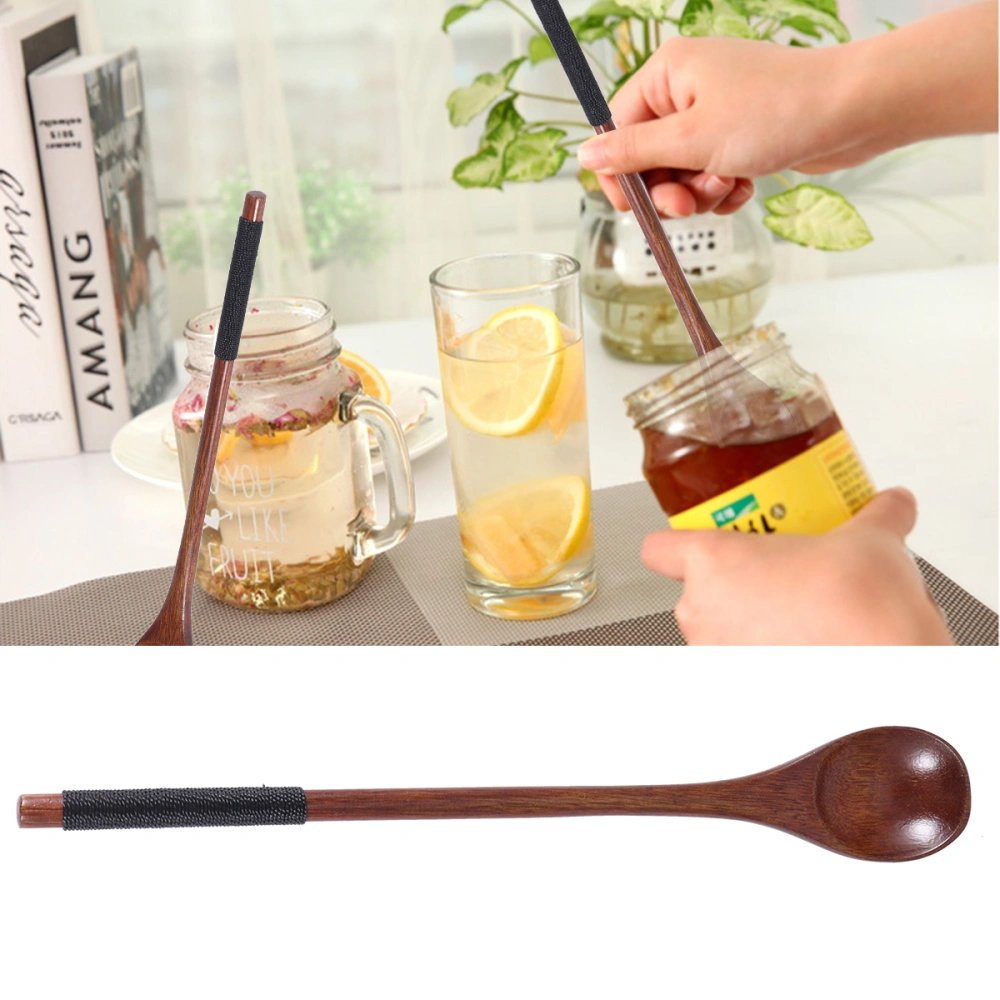 5pcs Wooden Spoons with Tied Thread Honey Stirring Spoon Round Long Handle Spoons Tableware (Brown, Black Thread)