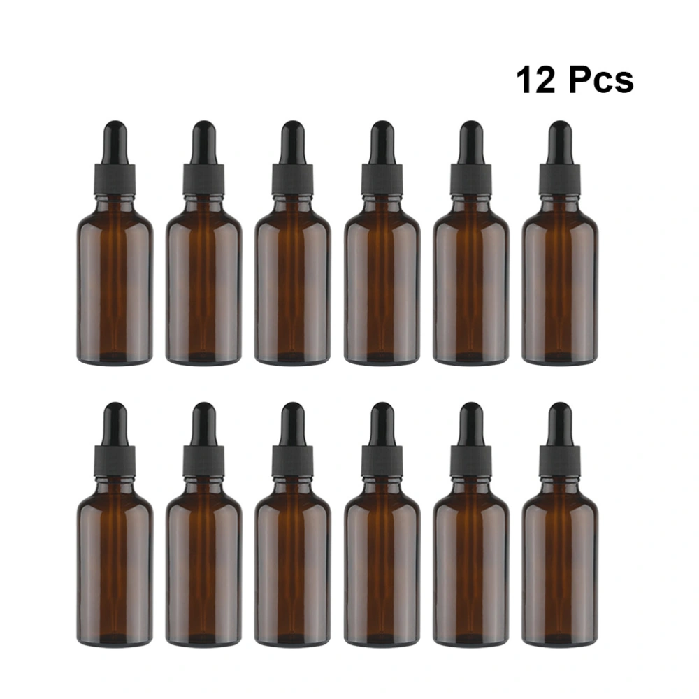 12pcs 50ml Women Essential Oil Bottle Retro Antique Glass Empty Essential Oil Container Dispensing Dropper Bottle Decoration (Brown)