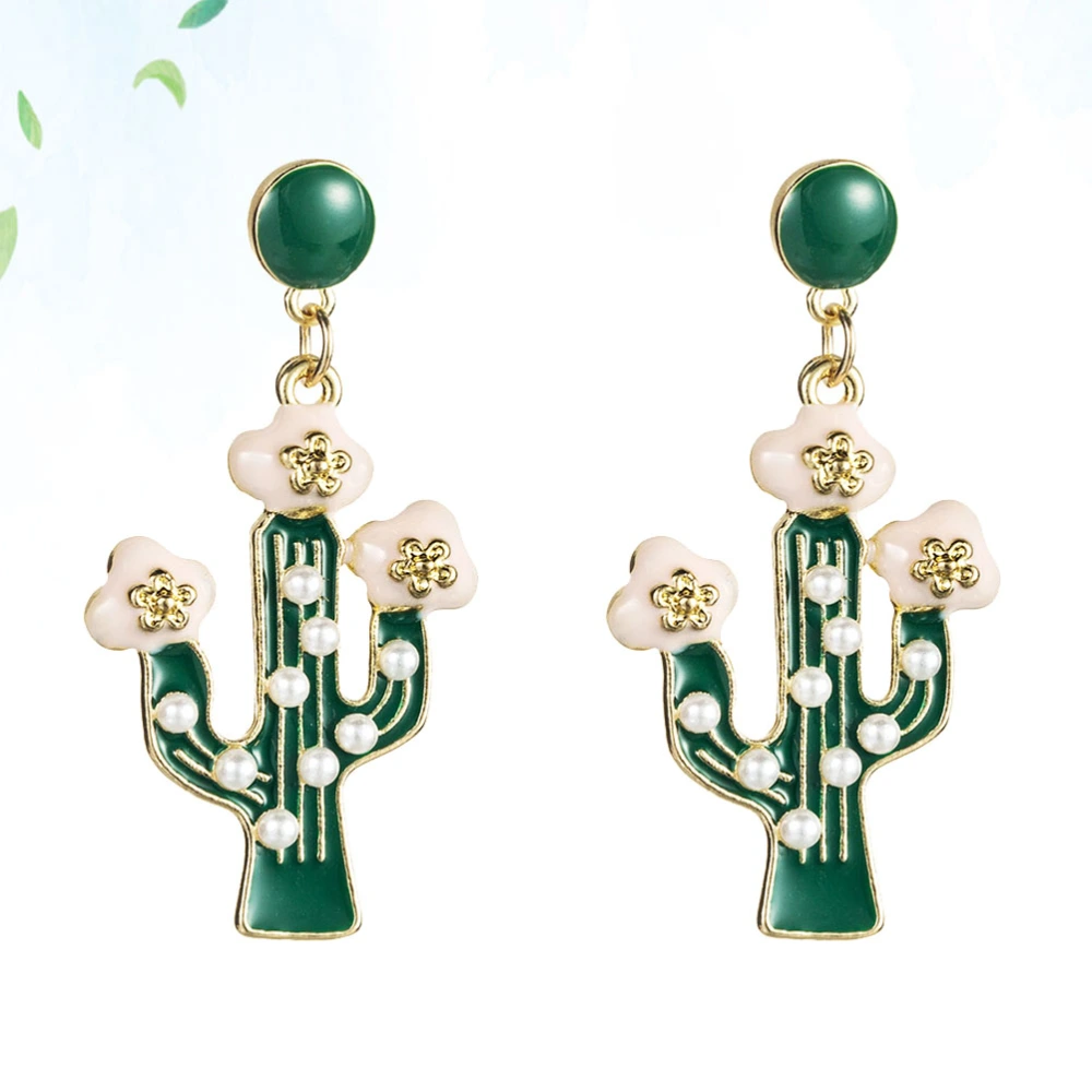 1 Pair Hawaii Party Earrings Cactus Shape Elegant Ear Studs Dangler Earrings Pearl Earbob Ear Decoration for Girls Lady (Green)