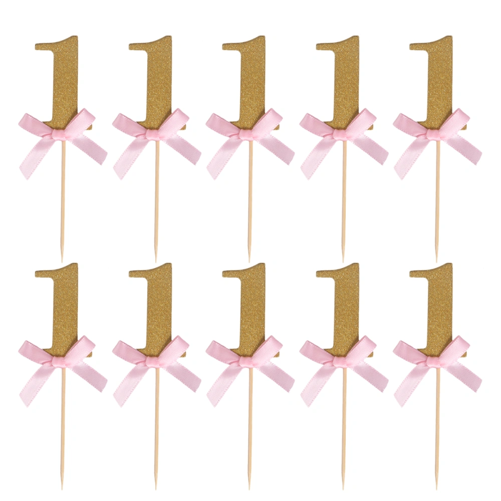 10 Pcs Glitter Gold and Pink Ribbon Bow-knot 1st Birthday Anniversary Event Party Cake Cupcake Decoration Toppers