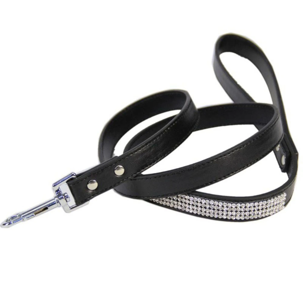 PU Leather Dog Leash Training Walking Pet Leash Products Colorful Walking Leashes with Sparkly Studded Rhinestone for Cats or Dogs (Black)