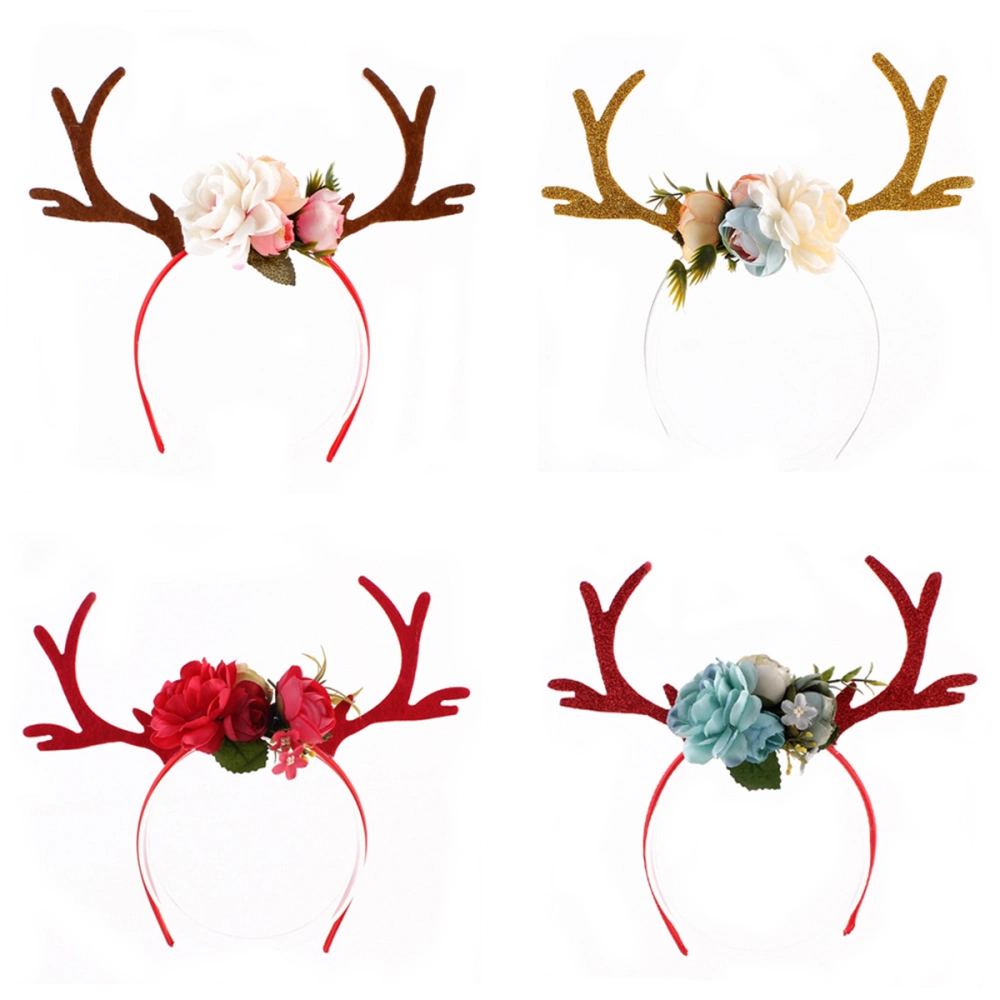 Kids Girls Funny Deer Antler Headband with Flowers Blossom Novelty Party Hair Band Head Band Christmas Fancy Dress Costumes Accessory (Blue)