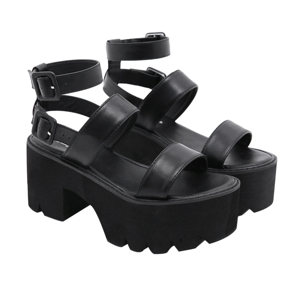 1 Pair Thick High Heels Single Strap Sandals Adult Women Roman Shoes (Black)