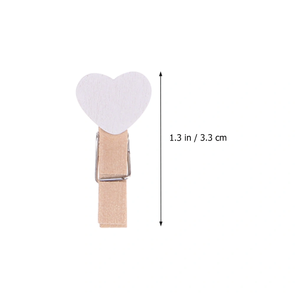 30pcs Wooden Heart Photo Paper Pegs Craft Clips Clothespins with Hemp Rope for Wedding Party Decor (White)