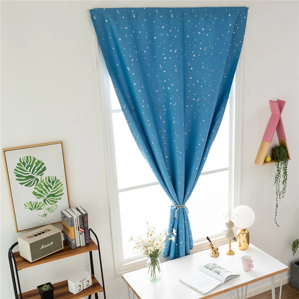 1 Pc Modern Blackout Curtain Punch Free Double-sided Adhesive Sticker Silver Star Window Curtain Drape Tape Decoration Curtain for Home Bedroom Kids Room - 90x180cm (Sky-blue)