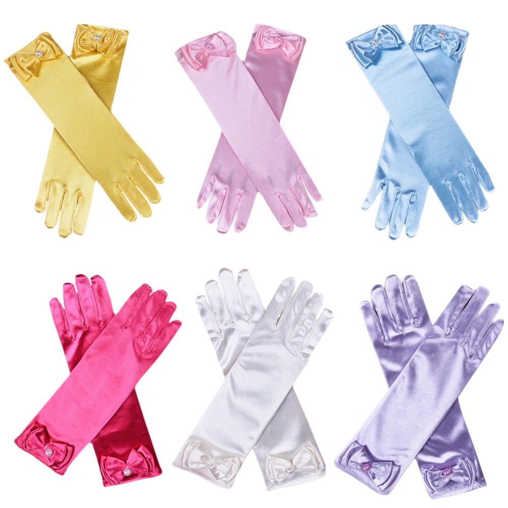 6 Pairs Satin Bowknot Gloves Flower Girl Long Gloves Kids Dress Up Gloves