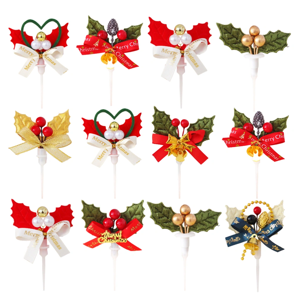 24PCS Christmas Cake Picks Ornaments 3D Christmas Tree Wreath with Bowknot Cupcake Toppers Decoration for Party (Random Pattern)