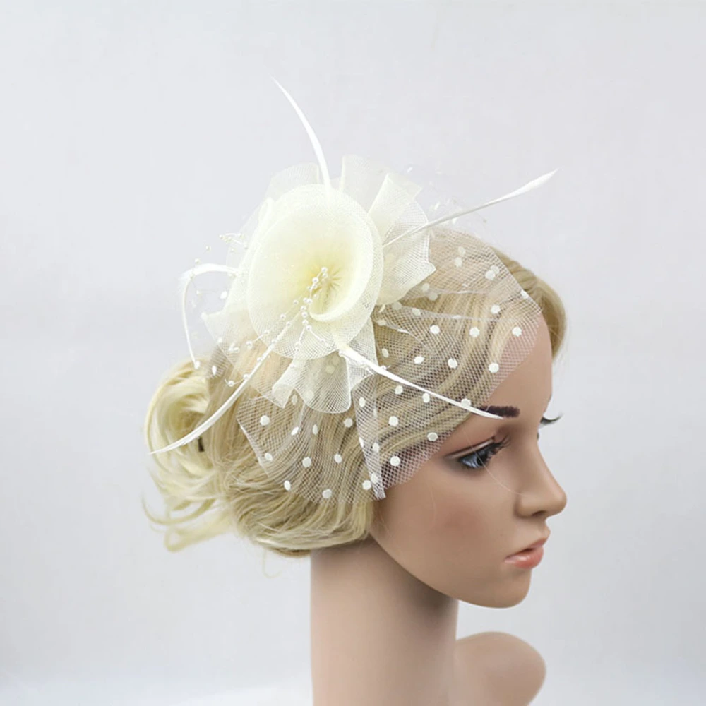 Women's Polka Dot Feather Fascinator Hat Clip Mesh Looped Net Hair Clip (Beige)