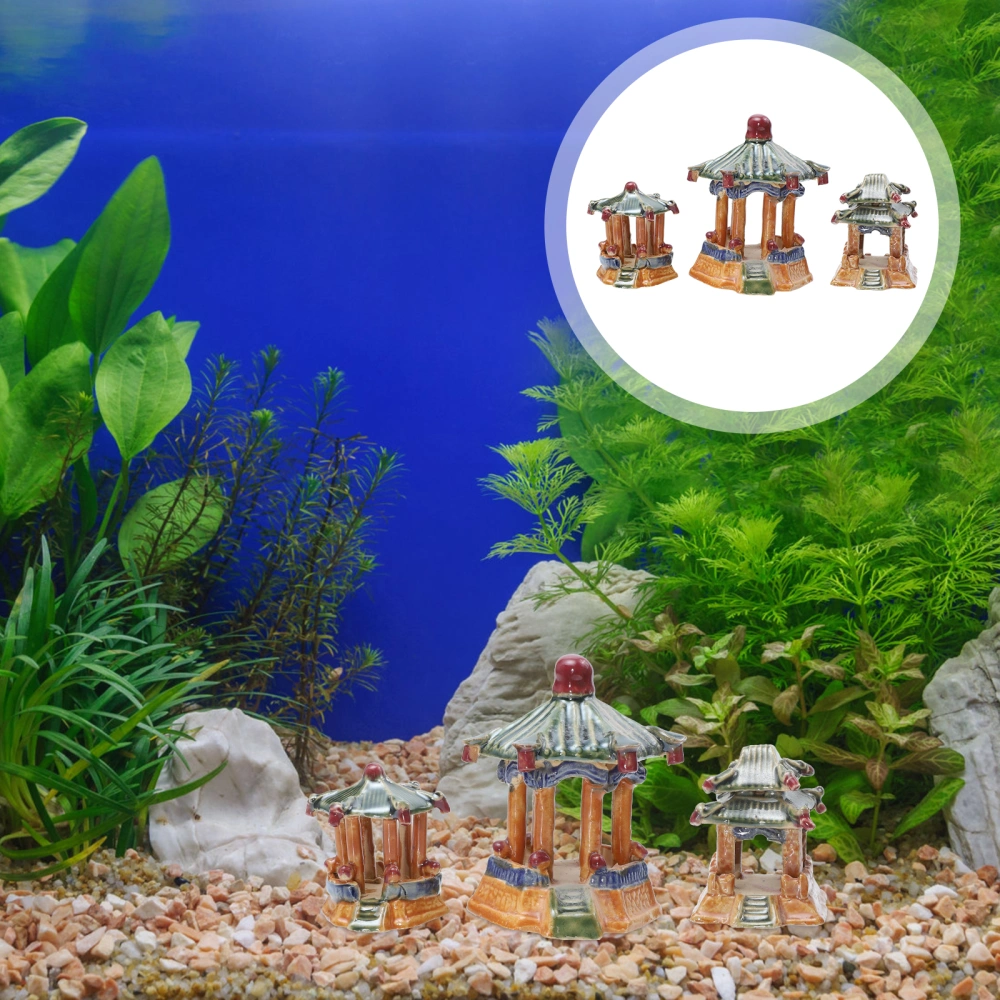 3Pcs Landscaping Pavilions Aquarium Ornament Exquisite Ceramic Craft Decoration