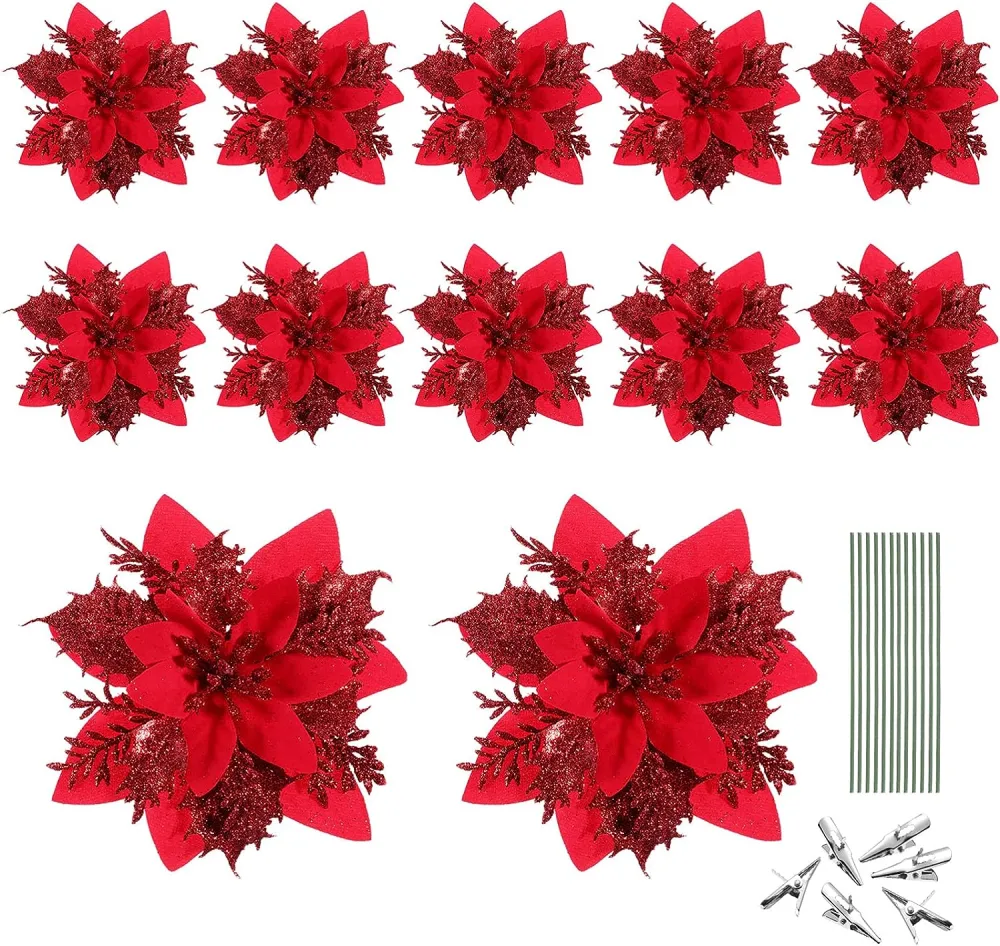 6 Sets of Christmas Glitter Artificial Poinsettia Flowers Christmas Tree Flowers Ornaments with Stem and Clips