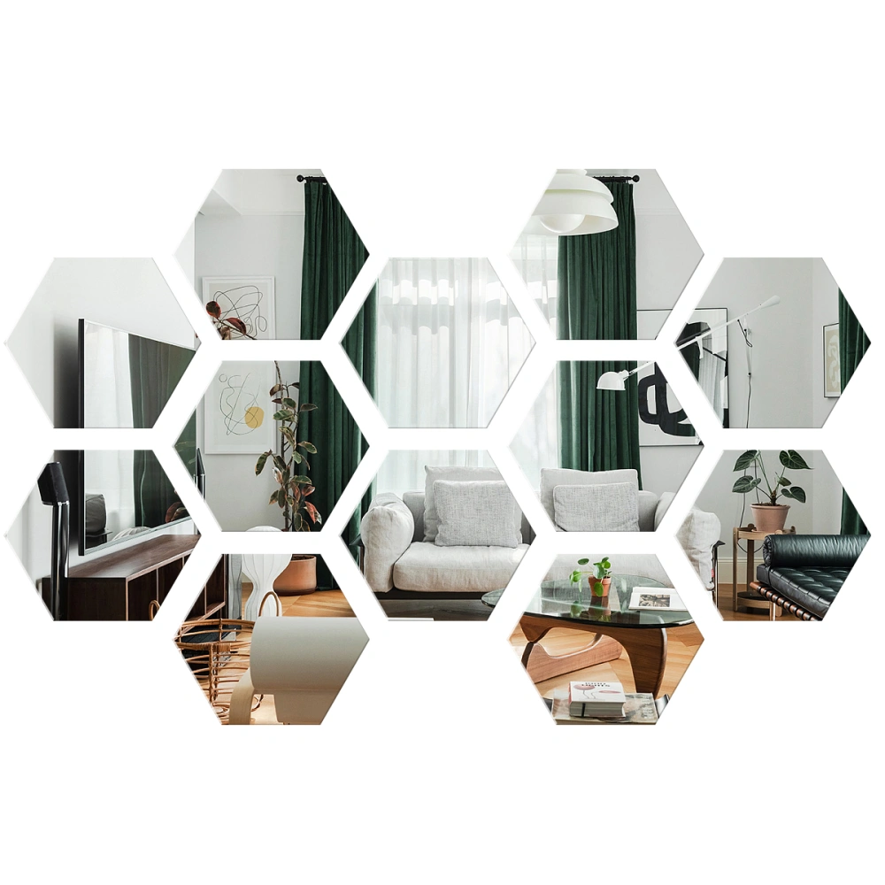 WINOMO 12pcs Hexagonal Acrylic Mirror Wall Stickers Home Living Room Wall Decals Modern DIY Art Mirror Wall Mural Decoration (Silver, 4x4cm)