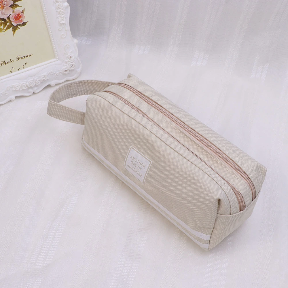 Large Capacity Pencil Bag Double Layer Canvas Pencil Pen Case Cosmetics Solid Color Zipper Pouch (Beige)