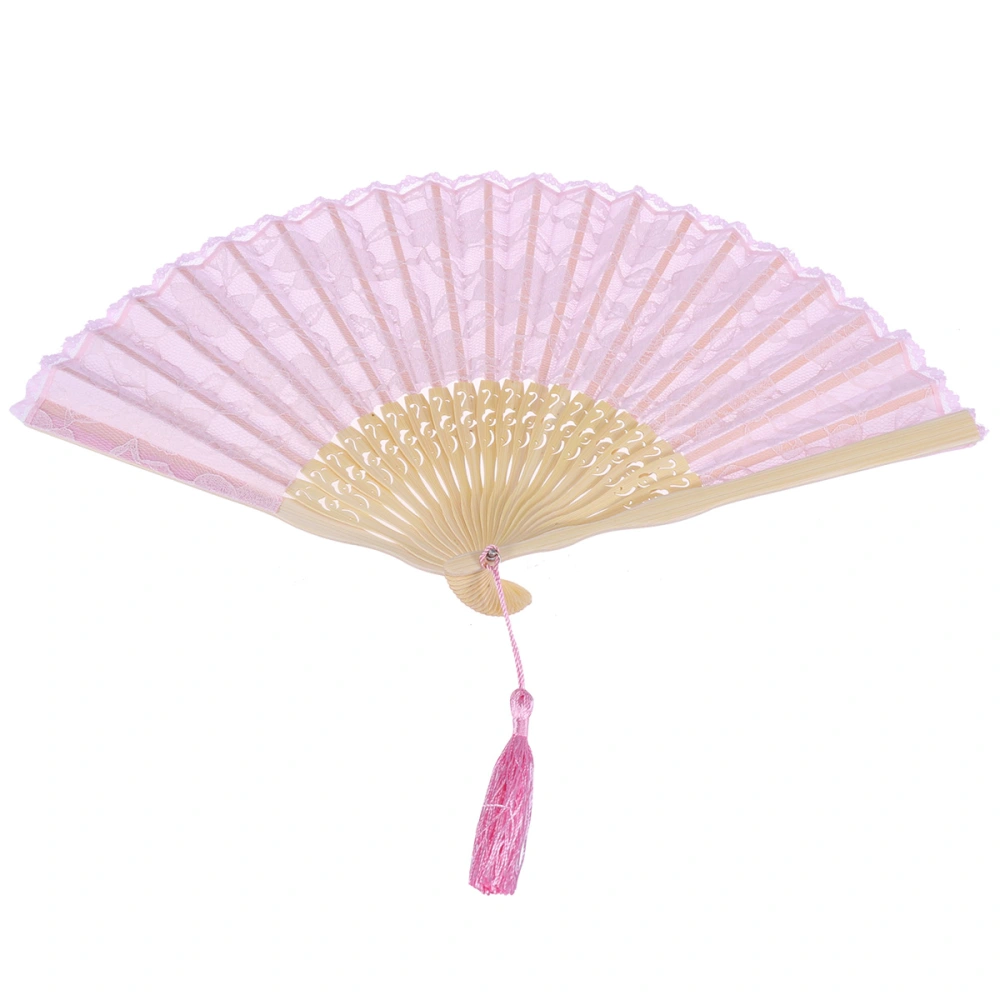 Bamboo Vintage Fan Elegant Handheld Chinese Folding Fan Lace Hand Fans (Pink)