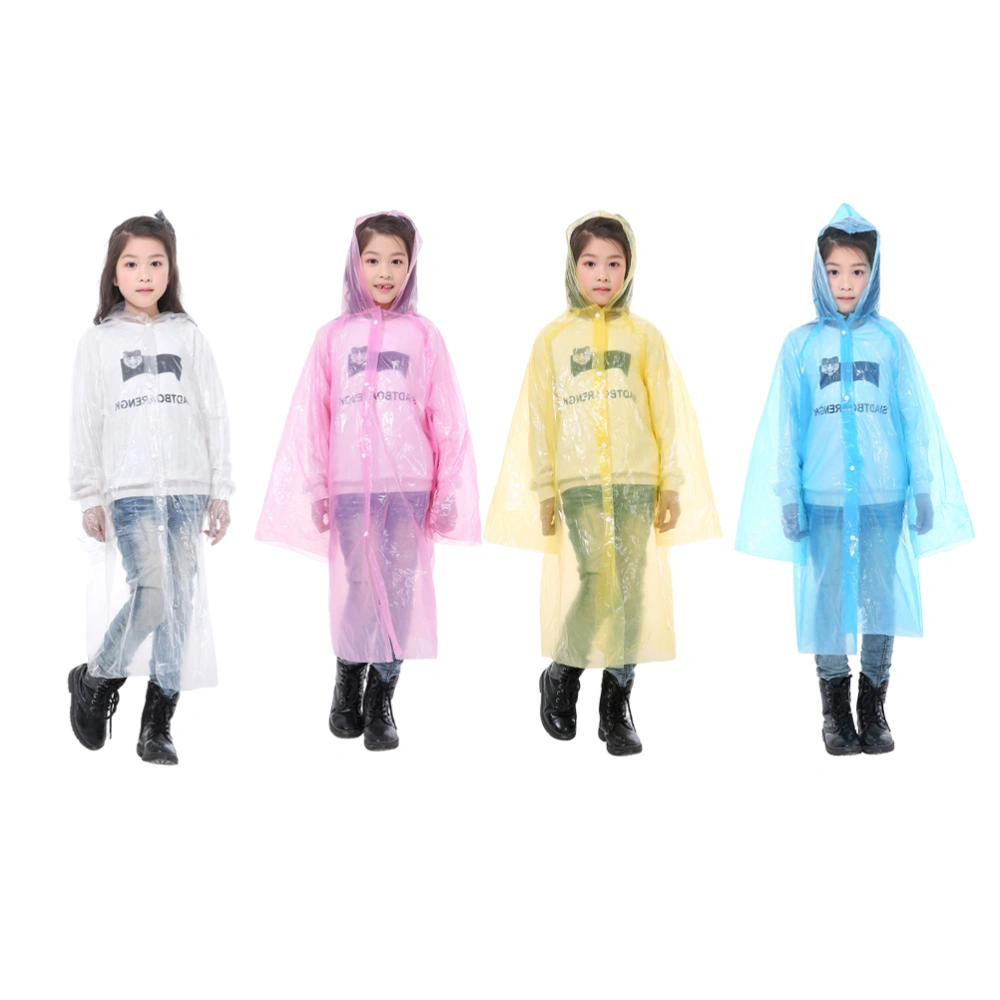 4pcs Windproof Rain Poncho Disposable Hooded Raincoat Unisex PE Raincoats for Sports Hiking Cycling (Children, Yellow + Blue + Pink + White, 1Pc/Each)