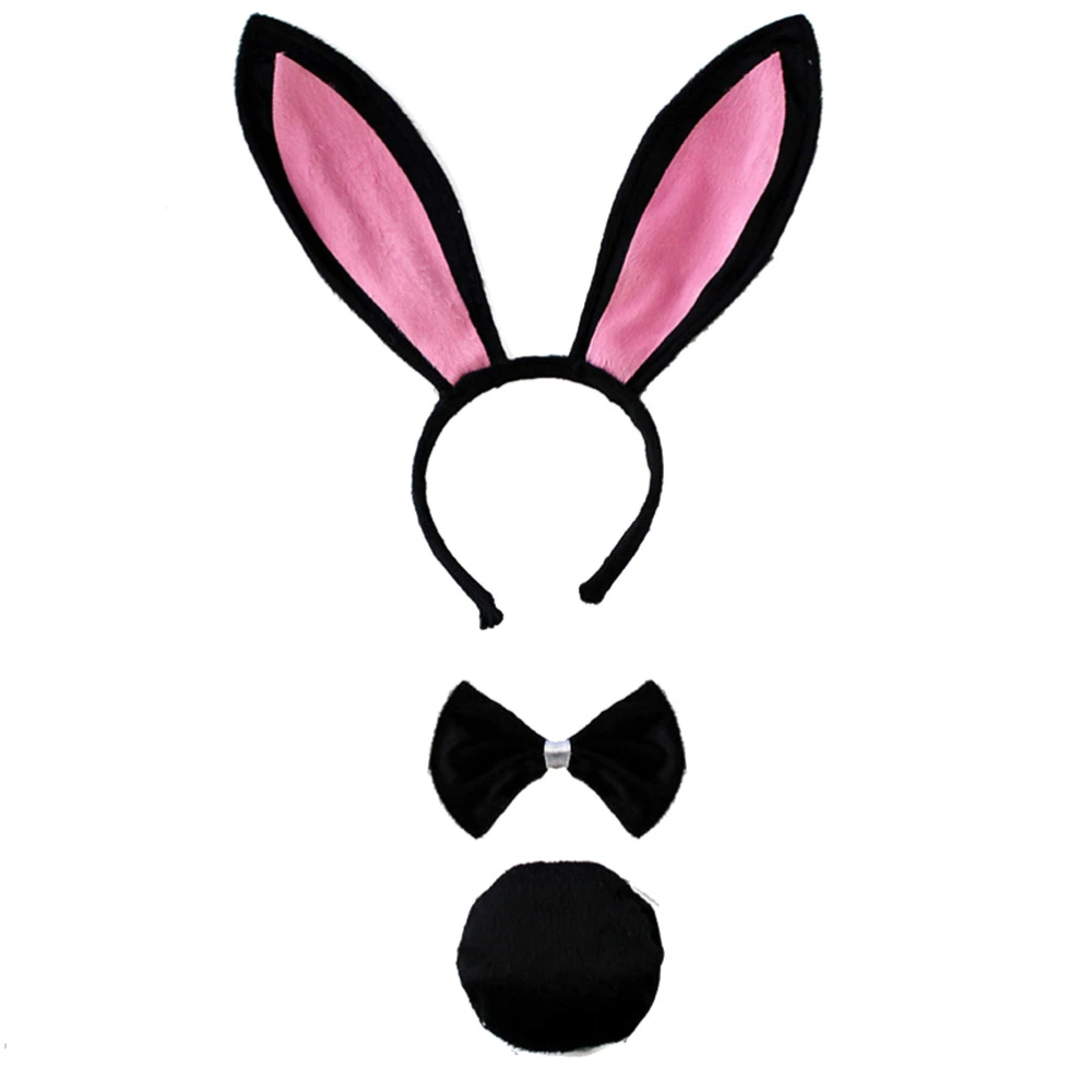 3pcs in 1 Set Black Funny Easter Festival Party Rabbit Ear Hair Accessory Set Animal Bunny Ear Hairwear Tail Tie Performance Masquerade Party Supplies