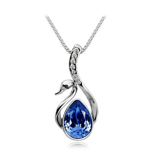 Beautiful Women's Girls Silver Plated Crystal Swan Pendant Necklace Chain (Royal Blue)