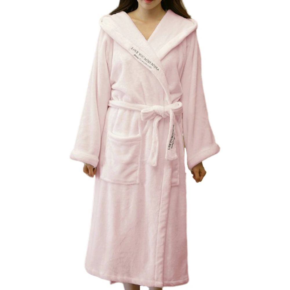 1pc Embroidered Letter Bathrobe Mink Cashmere Bathrobe Sexy Hooded Bathrobe Stylish Thickening Sleepwear Simple Long Sleeve Nightgown for Girl Pink Size M