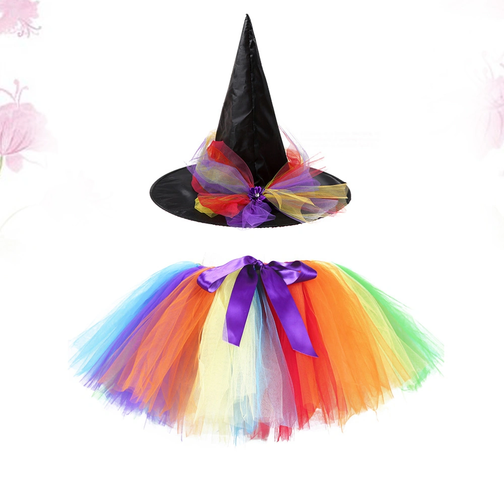 2PCS Halloween Witch Set Rainbow Witch Mesh Tutu Dress and Hat Set for Halloween Cosplay Party Size S