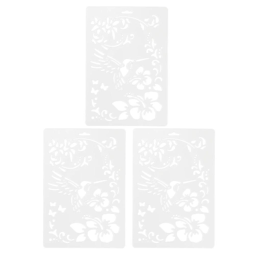 3pcs DIY Hollow Hummingbird Flowers Pattern Drawing Painting Stencils Children's Drawing Template (White)