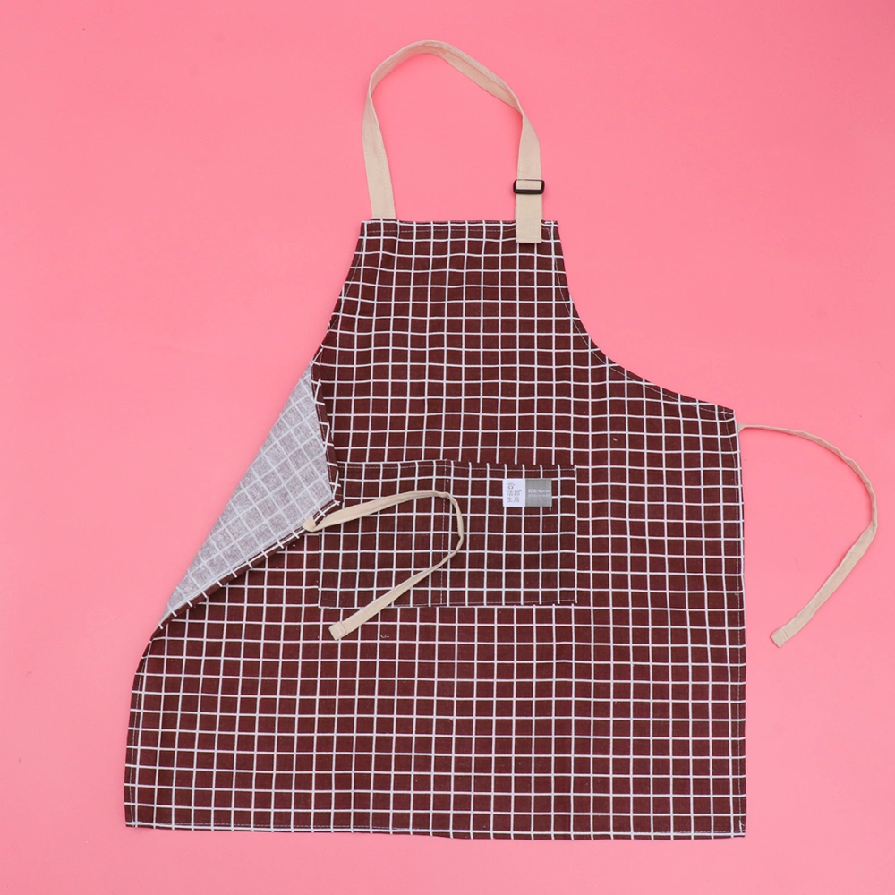 Cotton and Linen Aprons Checkered Adjustable Halter Apron with Pockets Cooking Smock (Coffee)