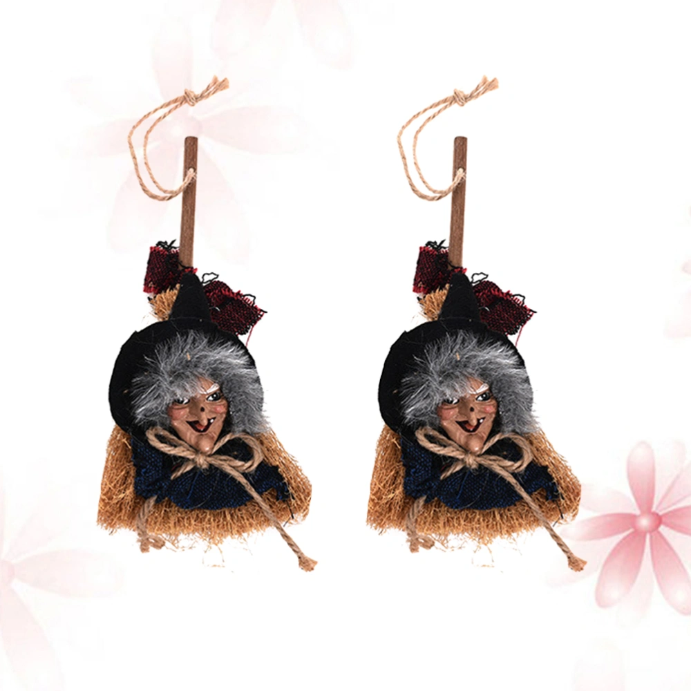 2pcs Halloween Witch Broom Pendant Sackcloth Witch Broom Door Hanging Decoration for Home Shop Blue